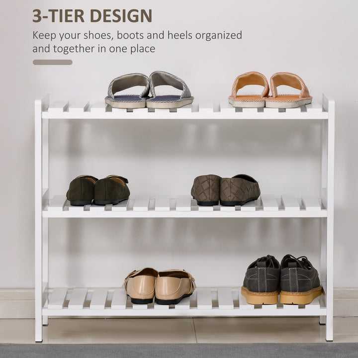 3-Tier Shoe Rack Wood Frame Slatted Shelves Spacious Open Hygienic Storage Home Hallway Furniture Family Guests 70L x 26W x 57.5H cm - White