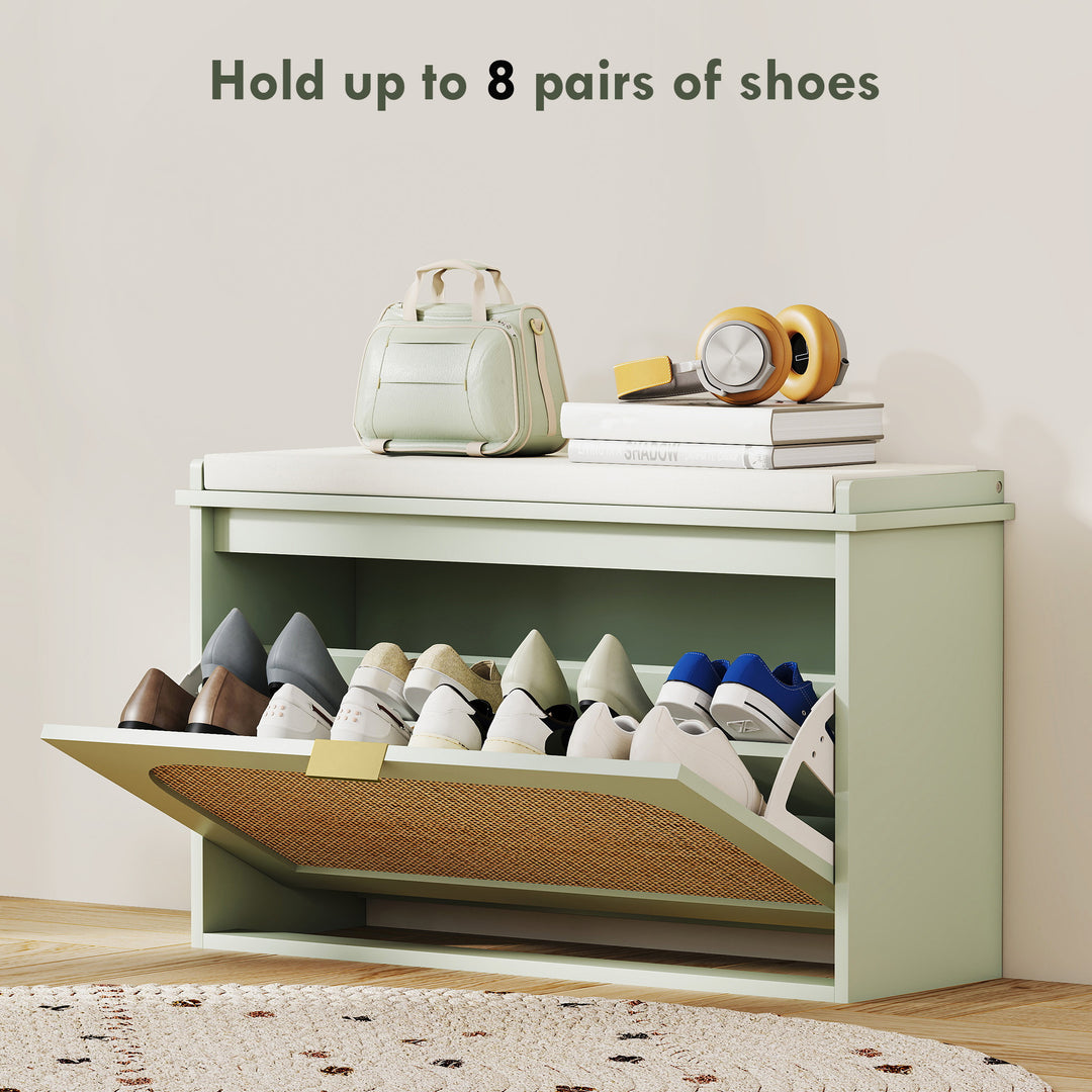Boho Shoe Bench with Padded Seat and Flip-Drawer - Light Green