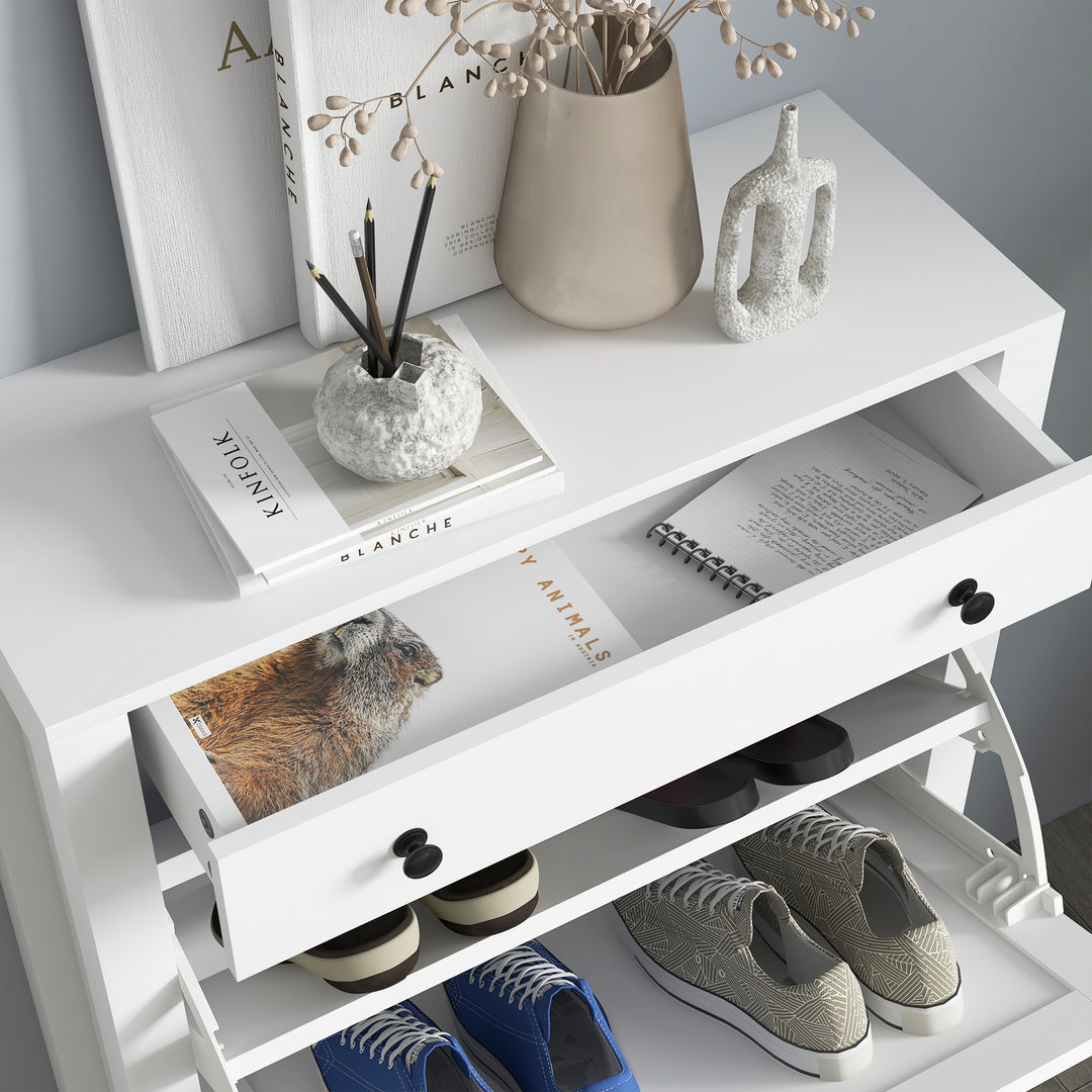 Narrow Shoe Cabinet with 2 Flip Drawers and Adjustable Shelves, White