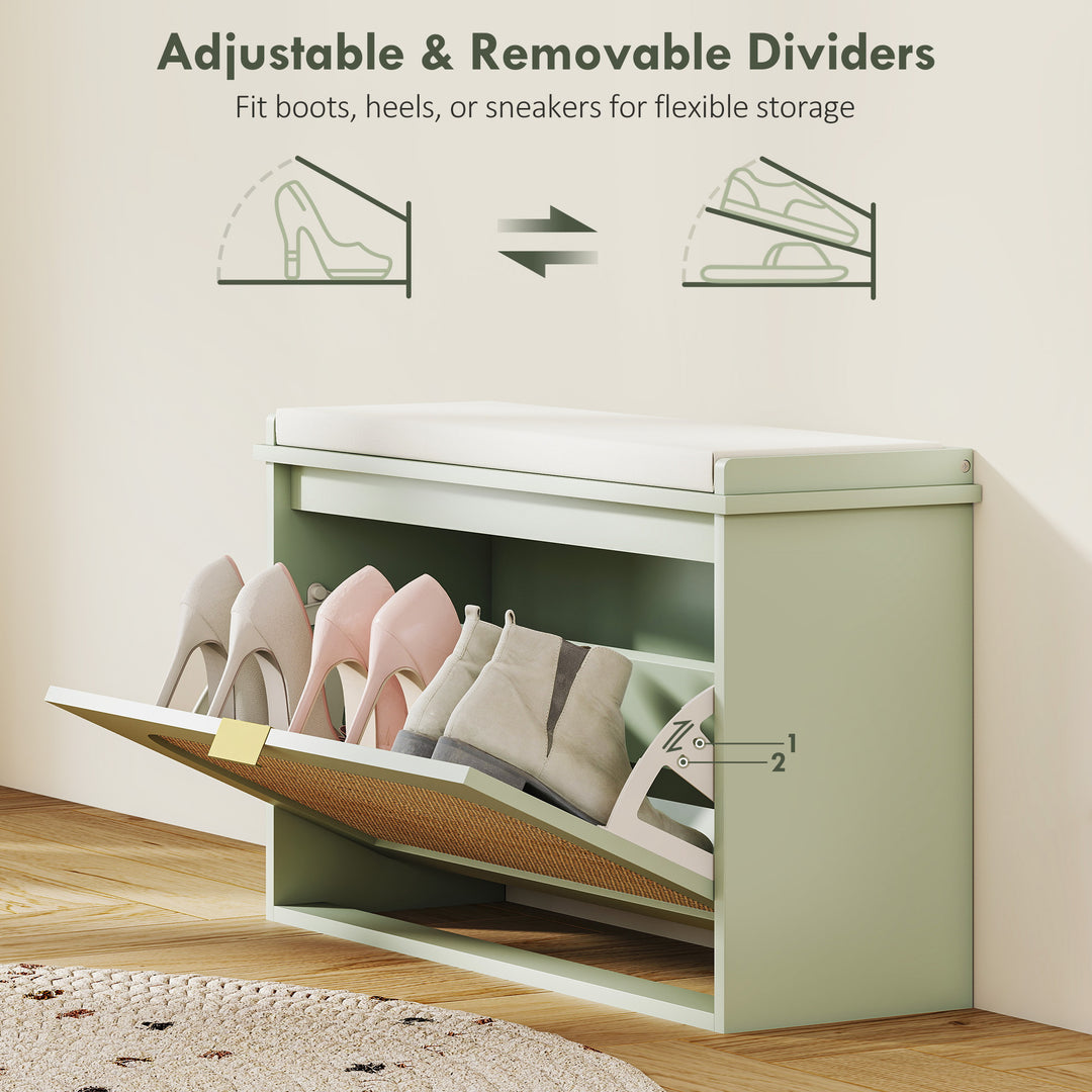 Boho Shoe Bench with Padded Seat and Flip-Drawer - Light Green