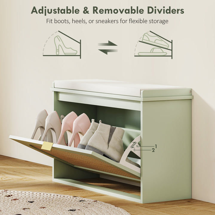 Boho Shoe Bench with Padded Seat and Flip-Drawer - Light Green