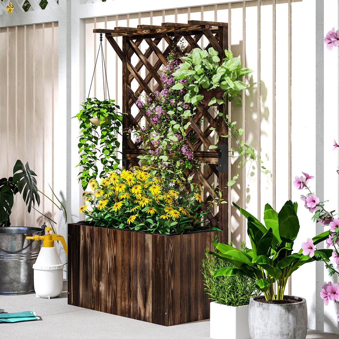 Wooden Planter with Trellis, Freestanding Raised Garden Bed with Drainage Holes, Outdoor Planter Box with Liner for Vegetables, Herbs and Flowers, Carbonised