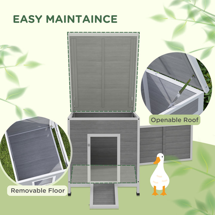PawHut Wooden Duck House with Ramp, Double Doors, Openable Asphalt Roof, Ventilation Holes, Removable Base, Light Grey