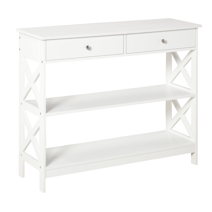 Console Table Side Desk w/ Shelves Drawers Open Top X Support Frame Living Room Hallway Home Office Furniture White
