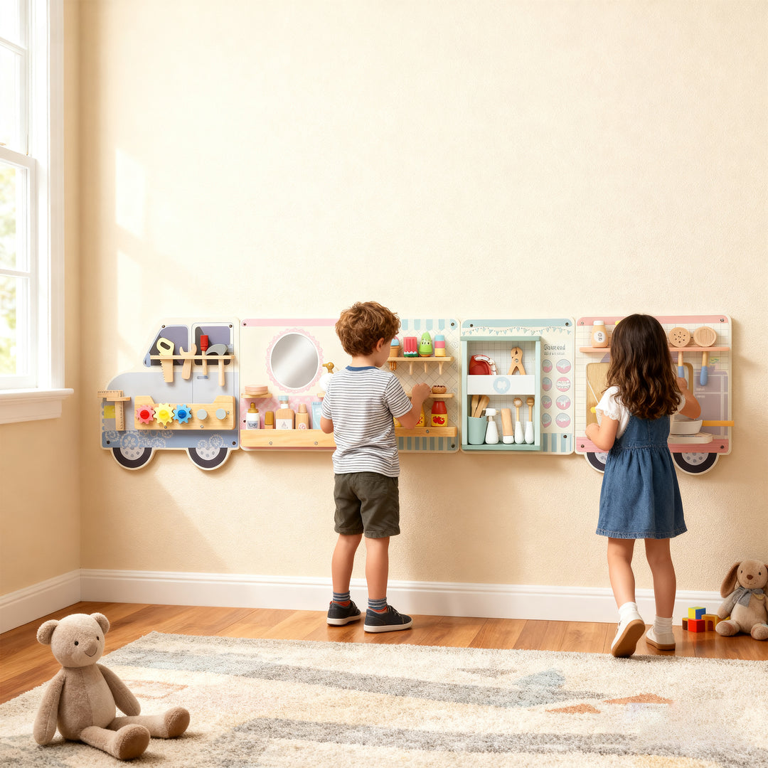 MCL Wooden Busy Board, 5 in 1 Activity Wall Panels for Kids 3+ Years, for Daycare, Playroom, Home