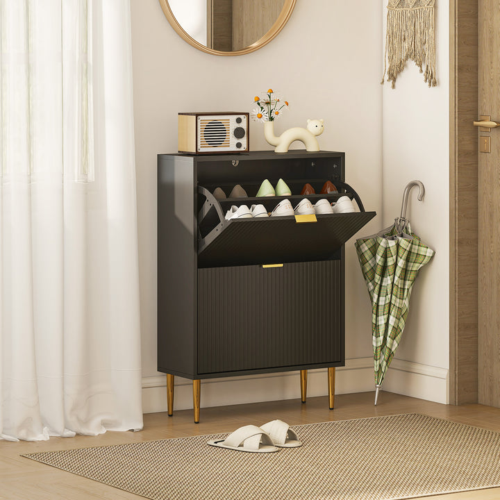 Narrow Shoe Cabinet with 2 Flip Drawers - Black