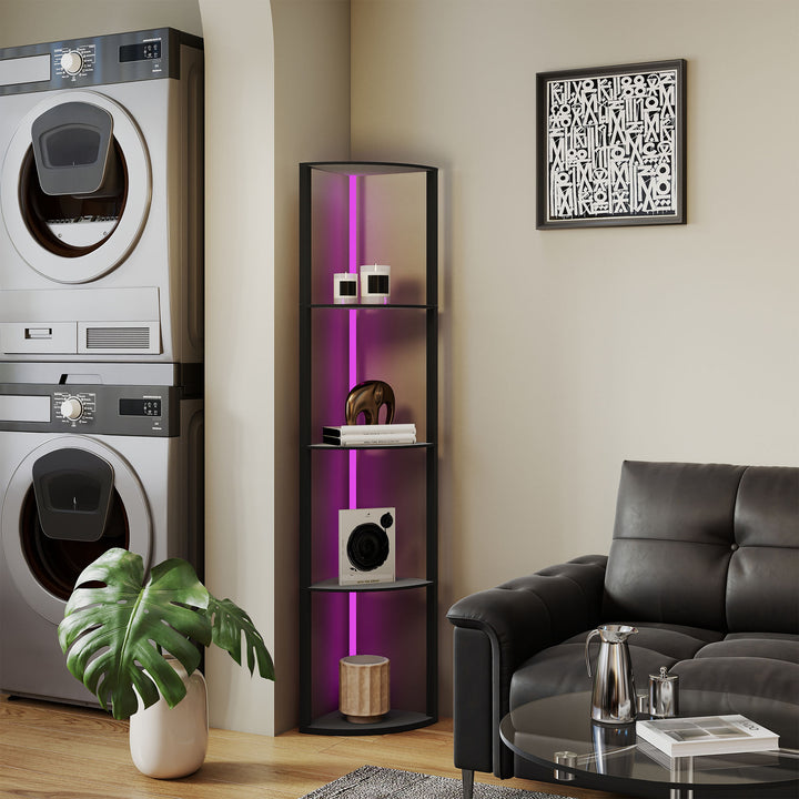 RGB LED Floor Lamp with Shelves, 5-Tier Dimmable Standing Lamp with Adjustable Brightness and Remote Control, Modern Corner Display Shelf Unit for Living Room Bedroom Office, Black