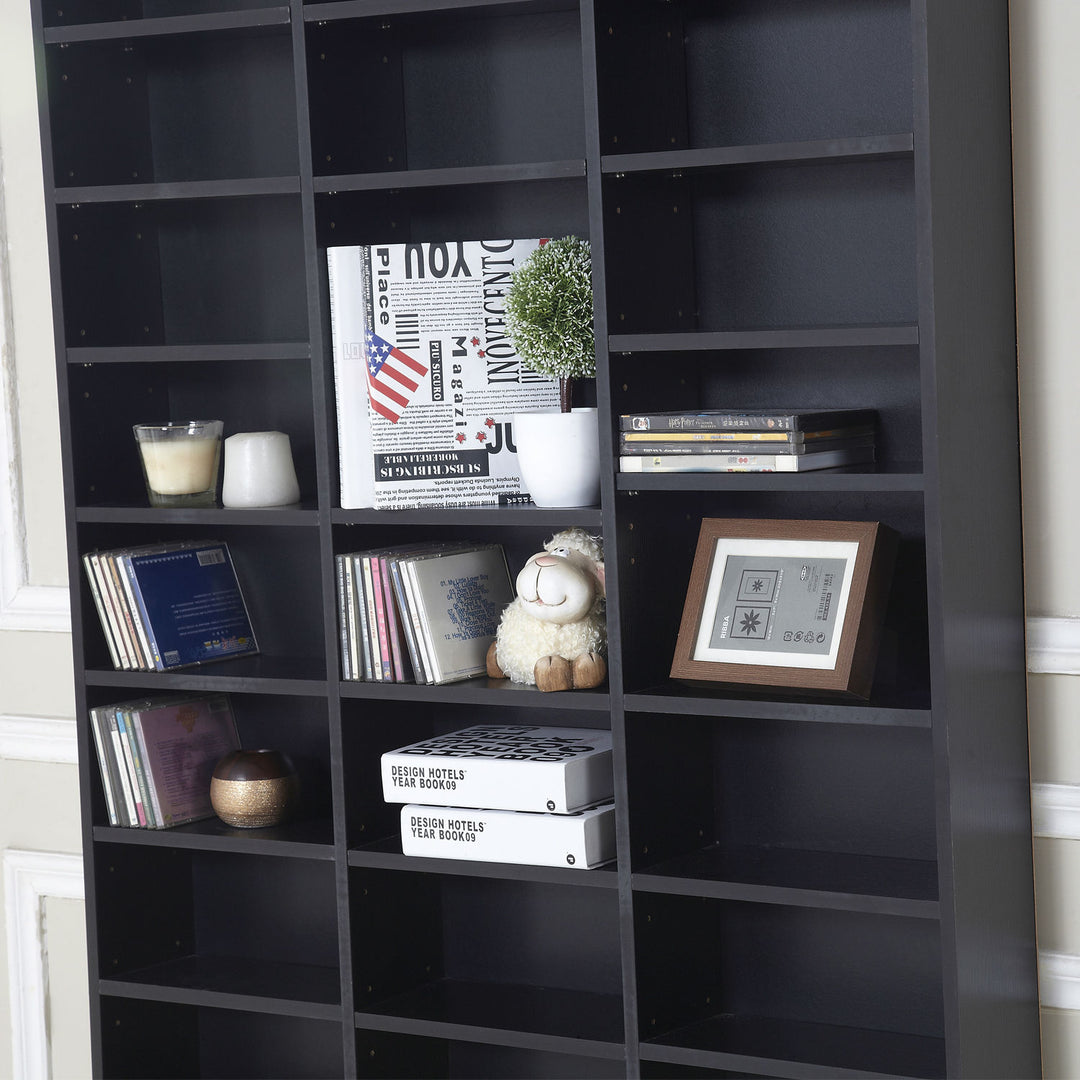 1116 CD/ 528 DVD Storage Unit, Media Storage Shelf, Wooden Display Unit with Adjustable Shelves, 102 x 195 cm, Black