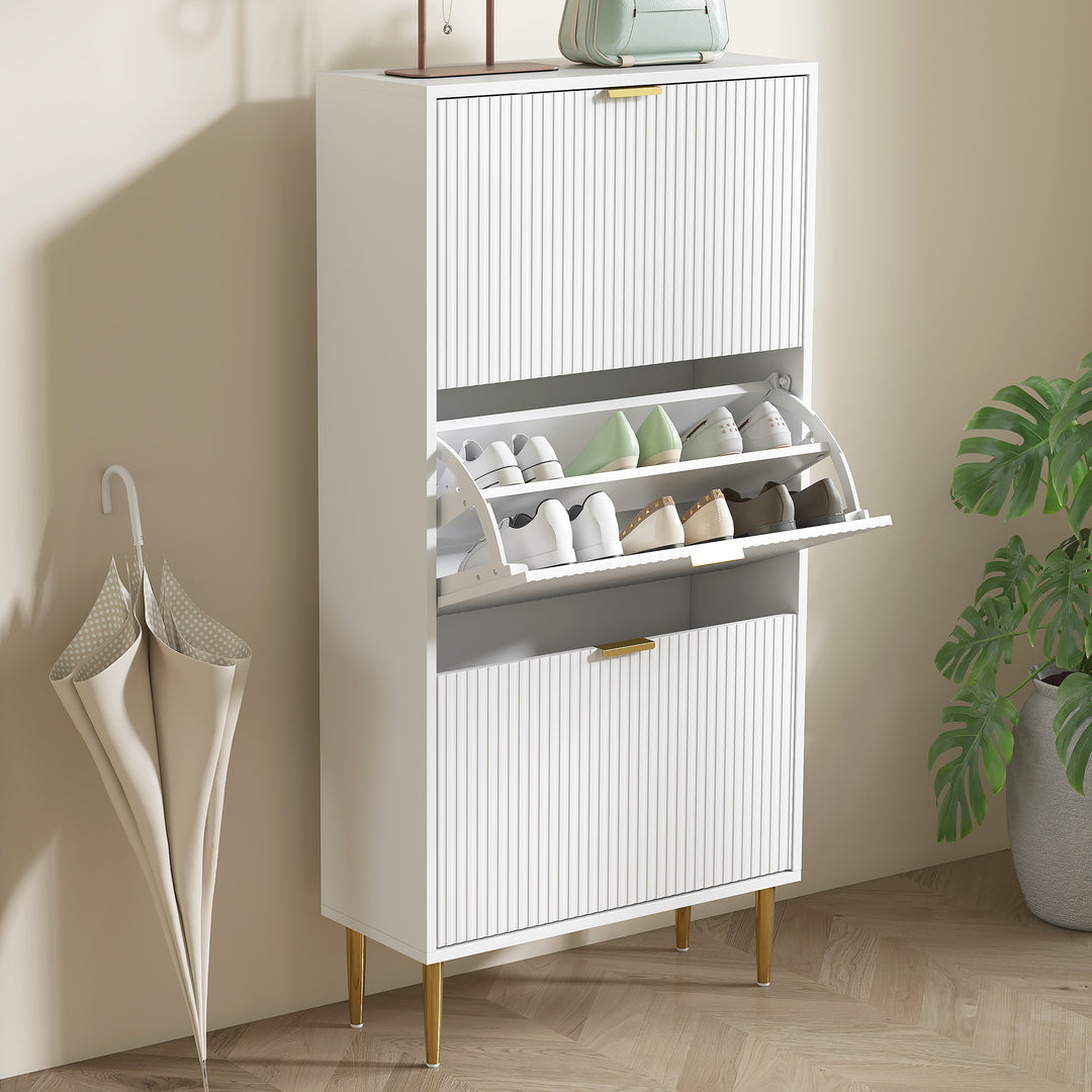 Narrow Shoe Cabinet with 3 Flip Drawers - White