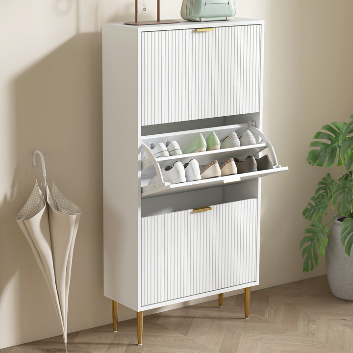 Narrow Shoe Cabinet with 3 Flip Drawers - White