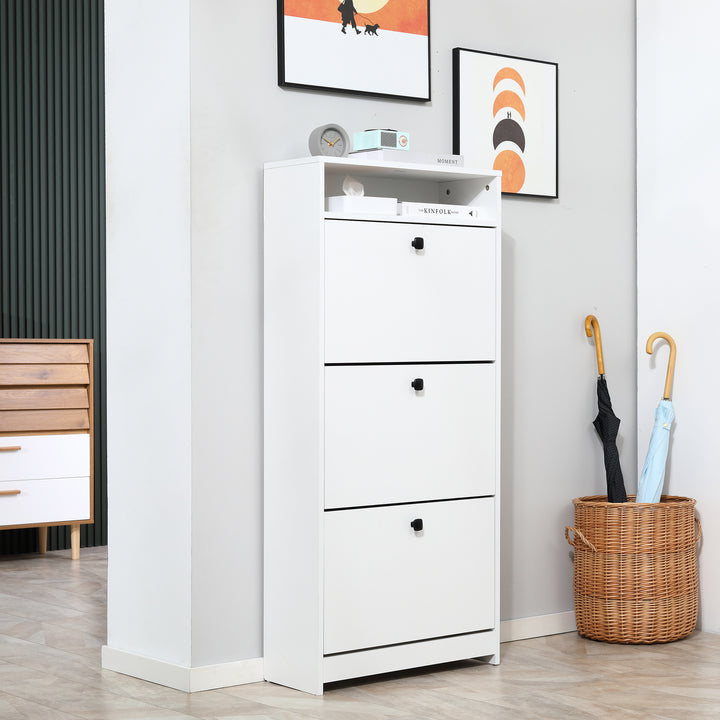 Narrow Shoe Cabinet with 3 Flip Doors, 14-18 Pairs Shoe Cupboard with Open Shelf for Slim Hallway and Entryway, 24 x 60 x 132 cm, White