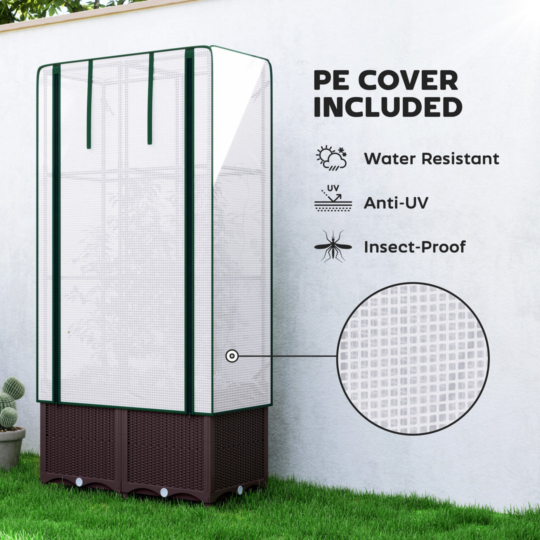 Raised Garden Bed with Trellis, Plastic Planter Box with PE Cover, Drainage Holes, Drain Plugs and Water Reservoirs for Climbing Plants, Vegetables, Flowers, 80 x 40 x 140 cm