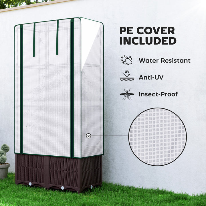 Raised Garden Bed with Trellis, Plastic Planter Box with PE Cover, Drainage Holes, Drain Plugs and Water Reservoirs for Climbing Plants, Vegetables, Flowers, 80 x 40 x 140 cm