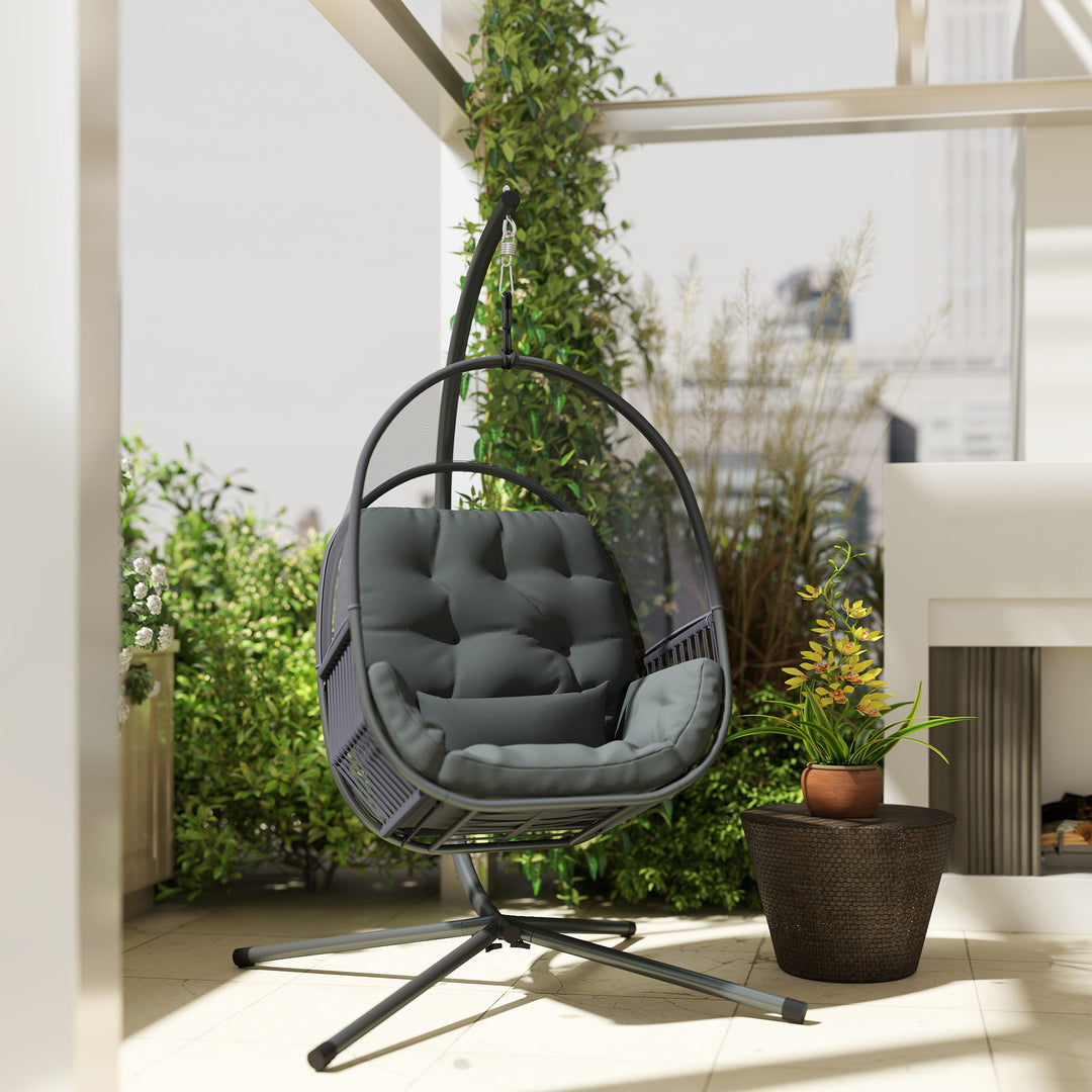 Hanging Egg Chair Outdoor Indoor, Swing Hammock Chair with Stand, Cushions, Lumbar Pillow, Adjustable Height and Steel Frame for Garden Patio Lounge Porch, Dark Grey