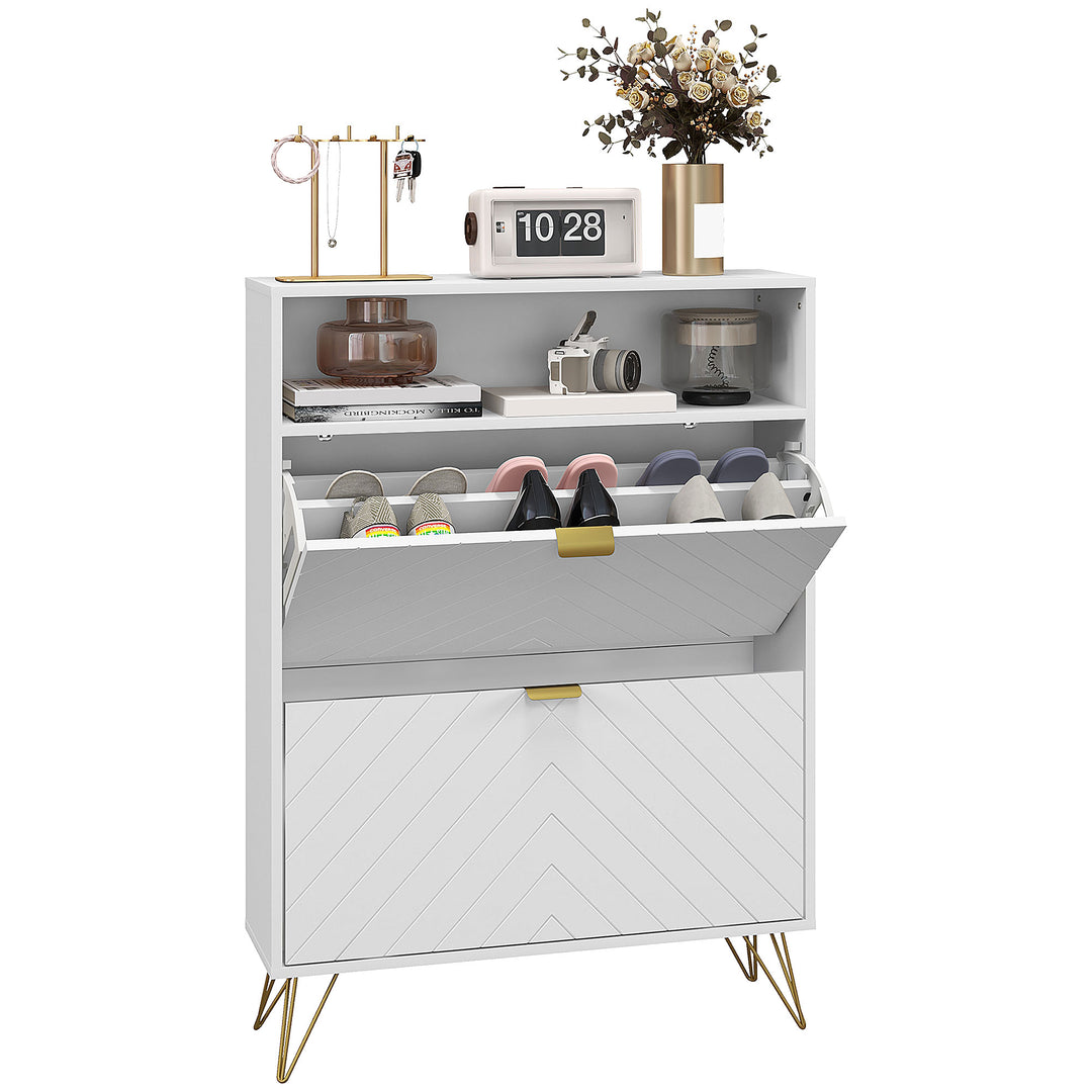 12 Shoe Storage Cabinet, with Chevron Indents and Gold Tone Accents - White