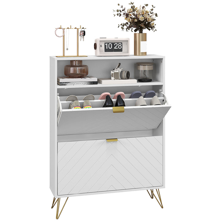 12 Shoe Storage Cabinet, with Chevron Indents and Gold Tone Accents - White
