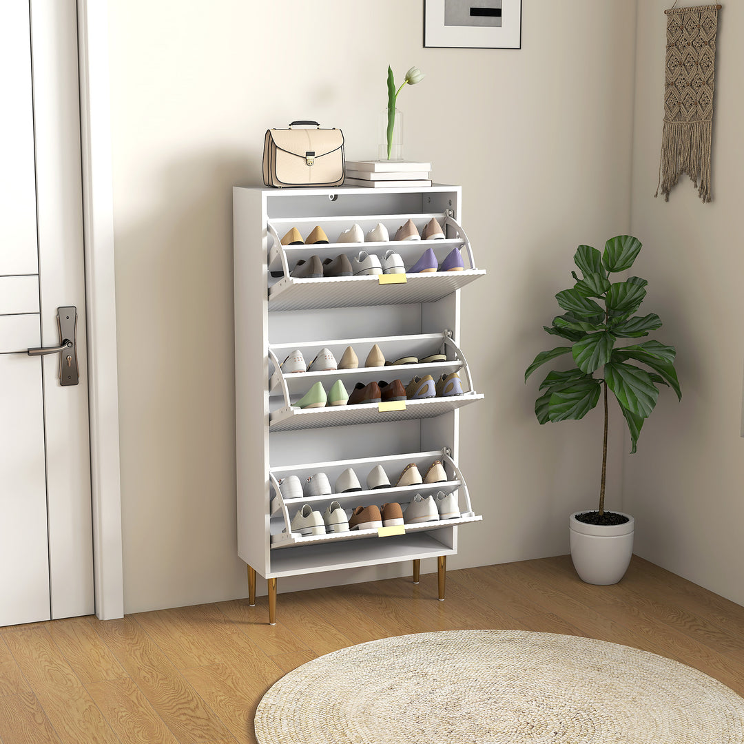 Narrow Shoe Cabinet with 3 Flip Drawers - White
