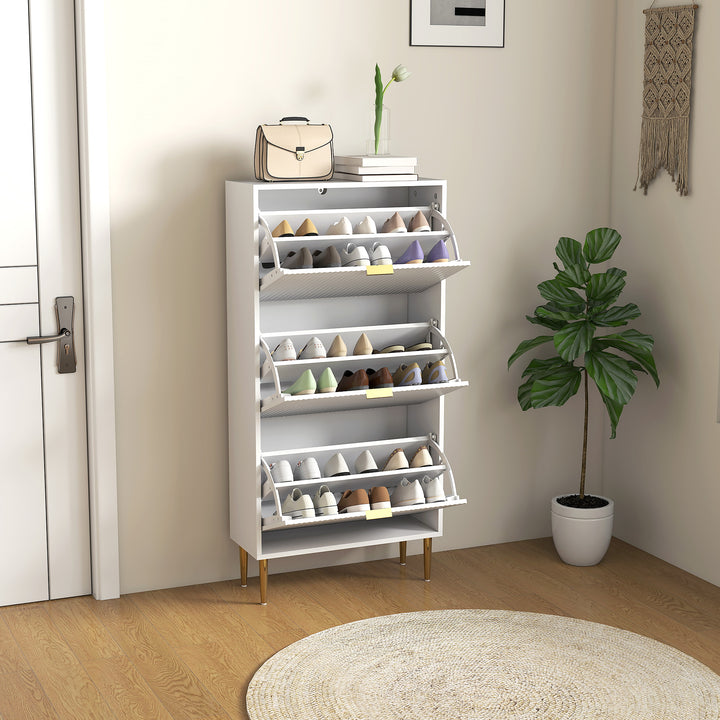 Narrow Shoe Cabinet with 3 Flip Drawers - White