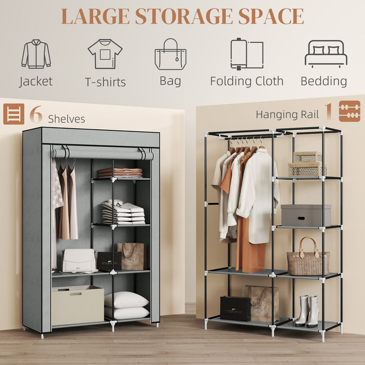 Fabric Wardrobe, Portable Wardrobe with 6 Shelves, 1 Hanging Rail, Foldable Closets, 103 x 43 x 162.5 cm, Light Grey