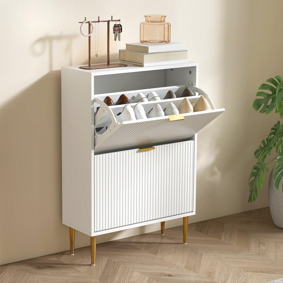 Narrow Shoe Cabinet with 2 Flip Drawers - White