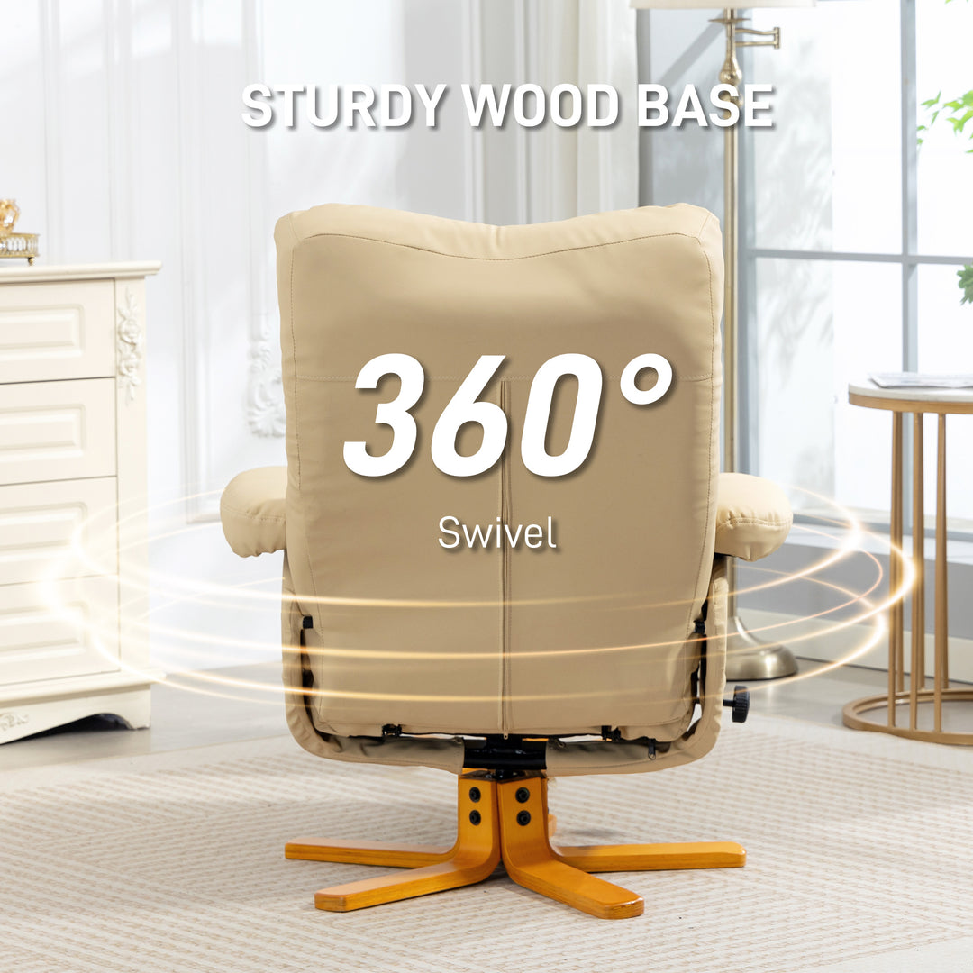 MCL PU Leather Swivel Recliner Chair with Footstool, Wooden Base and Storage for Living Room, Beige