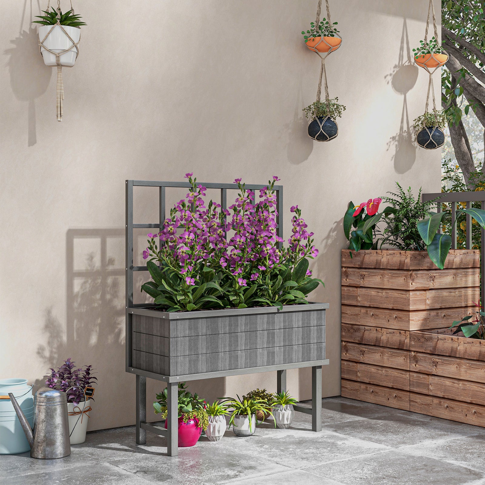 45 x 105cm Wooden Garden Planter, with Trellis - Grey