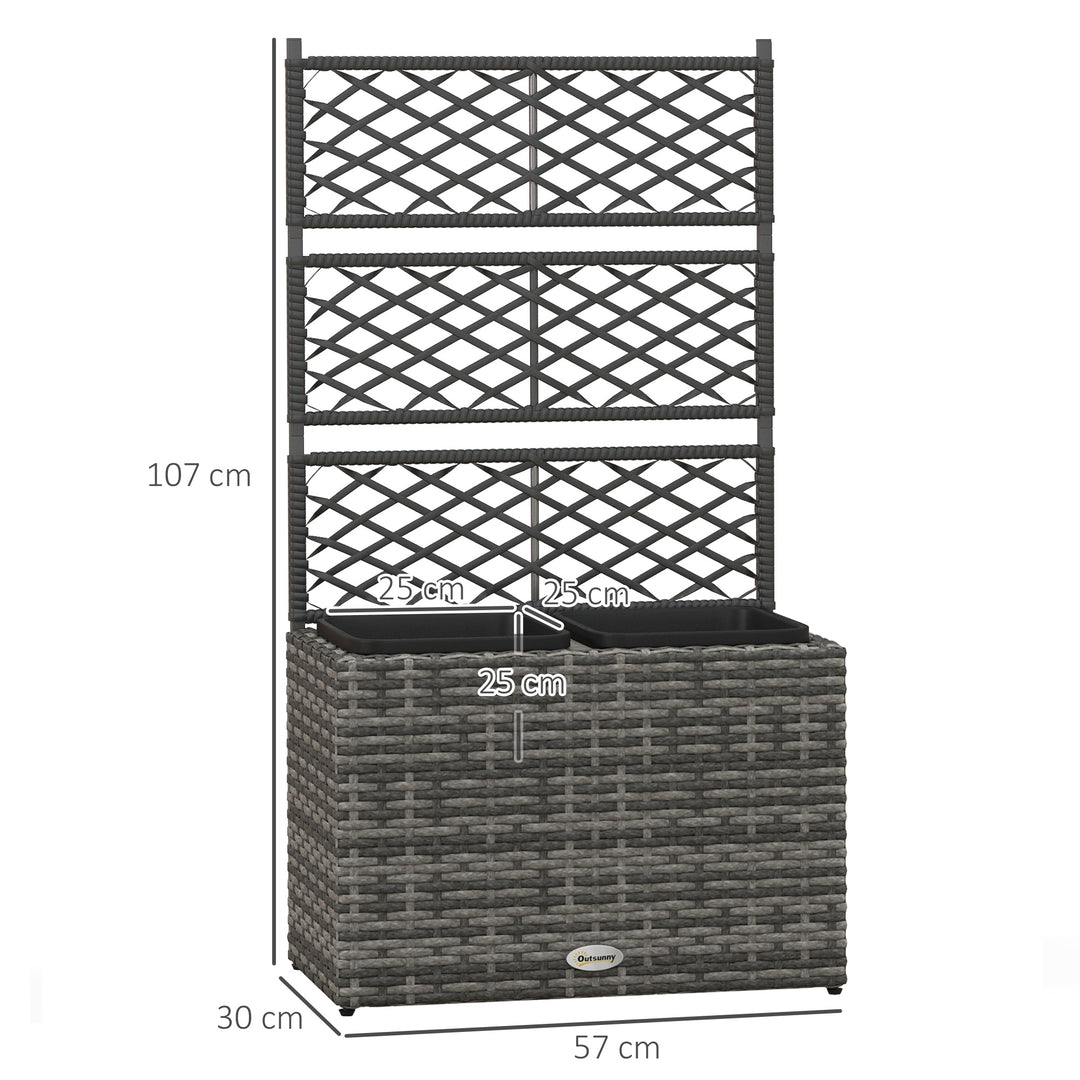 22 L Rattan Planter with Trellis, Freestanding Raised Beds for Garden with Two Plant Boxes, Outdoor Planter for Climbing Plants, Flowers, 57 x 30 x 107 cm, Mixed Grey