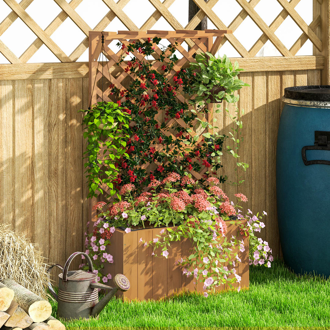 Wooden Planter with Trellis, Freestanding Raised Garden Bed with Drainage Holes, Outdoor Planter Box with Liner for Vegetables, Herbs and Flowers, Natural