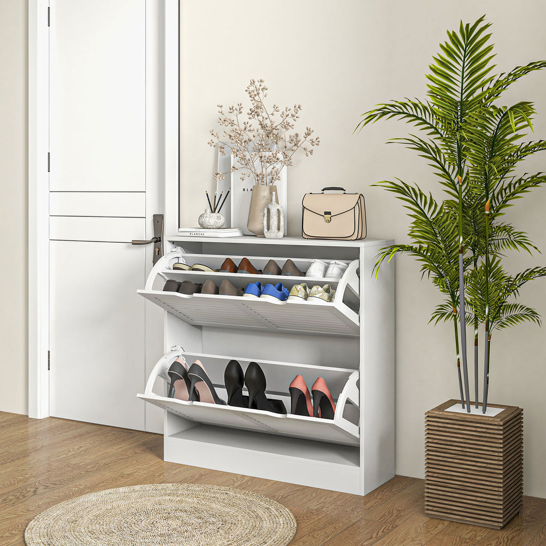 2 Drawers Entryway Shoe Cabinet, Narrow Shoe Storage Cabinet with 2 Flip Drawers, Louvred Door Design and Adjustable Shelves for 16 Pairs of Shoes, White