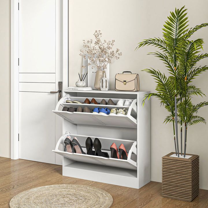 2 Drawers Entryway Shoe Cabinet, Narrow Shoe Storage Cabinet with 2 Flip Drawers, Louvred Door Design and Adjustable Shelves for 16 Pairs of Shoes, White