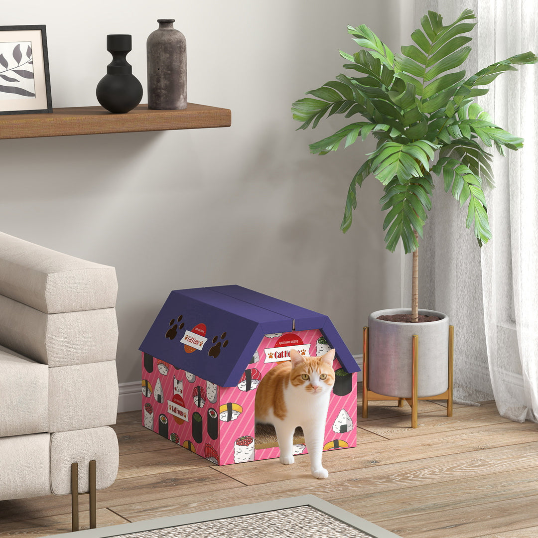 PawHut Cat Scratching Board, 2-in-1 Cardboard Cat House and Hideaway for Indoor Cats, Pink