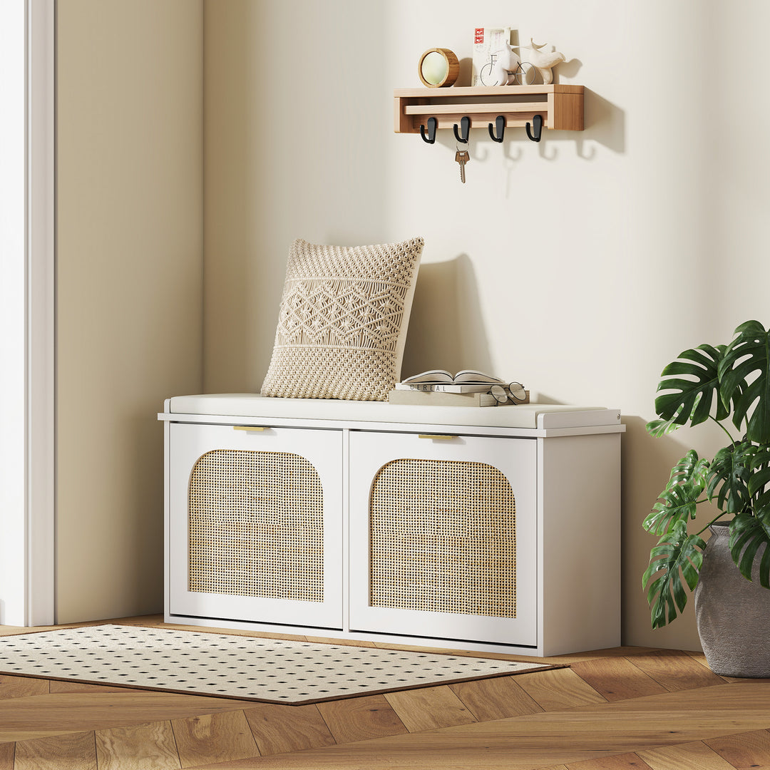 Boho Shoe Bench with Padded Seat and 2 Flip-Drawers - White