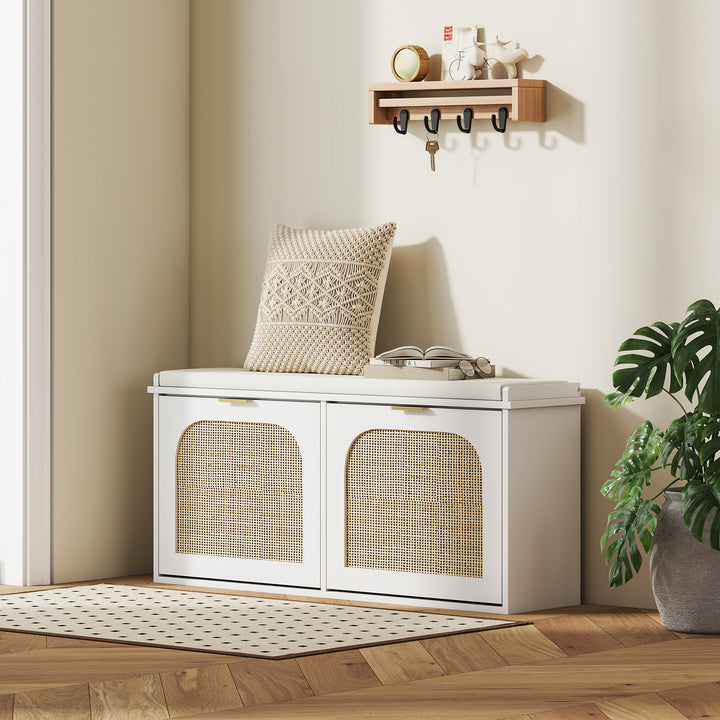 Boho Shoe Bench with Padded Seat and 2 Flip-Drawers - White