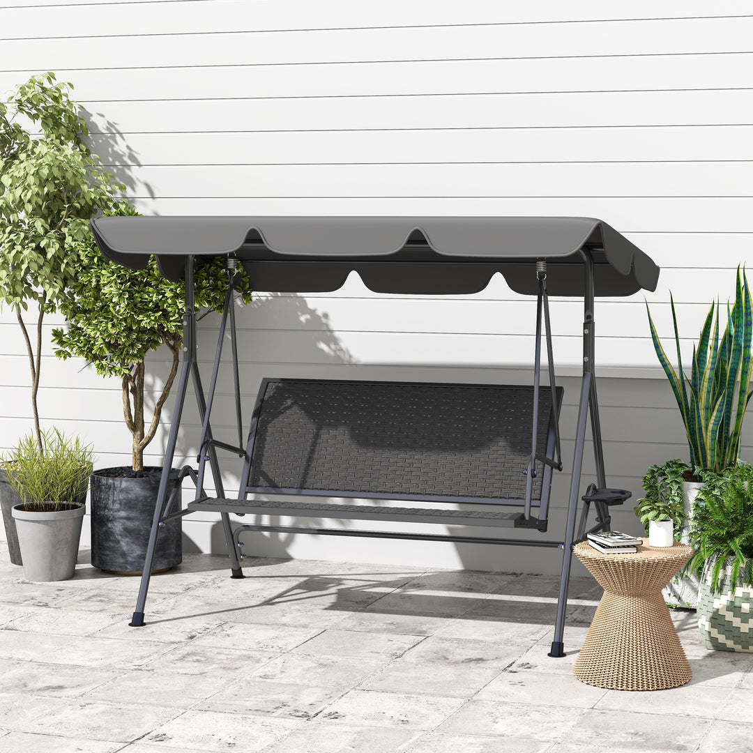 3 Seater Swing Chair, Garden Swing Seat Bench with Adjustable Canopy, Rattan Seat and Steel Frame for Patio, Yard, Grey