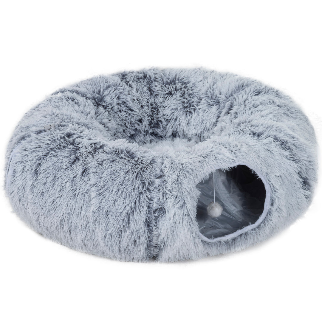 PawHut 2-in-1 Donut Cat Tunnel with Washable Bed, Play Tunnel Bed with Toy Ball and Door Hole for Indoor Cats, Light Grey