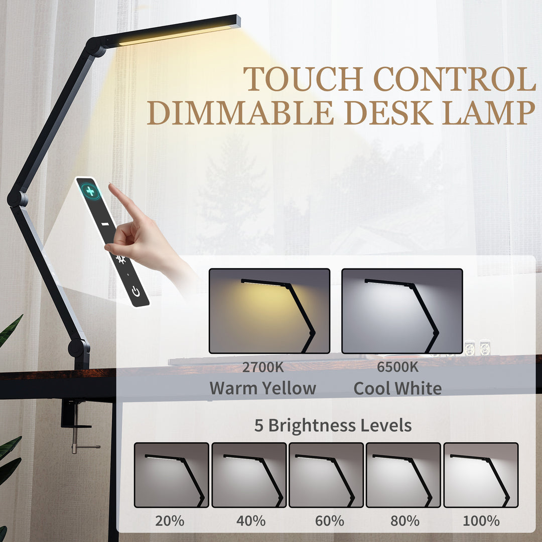 MCL LED Desk Lamp, Dimmable Desk Light with Swing Arm and Clamp, Adjustable Eye-Caring Table Lamp with 2 Colour Modes & 5 Brightness Levels for Study, Drawing, Office, Architect, Task, Black