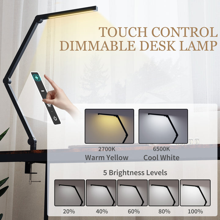MCL LED Desk Lamp, Dimmable Desk Light with Swing Arm and Clamp, Adjustable Eye-Caring Table Lamp with 2 Colour Modes & 5 Brightness Levels for Study, Drawing, Office, Architect, Task, Black