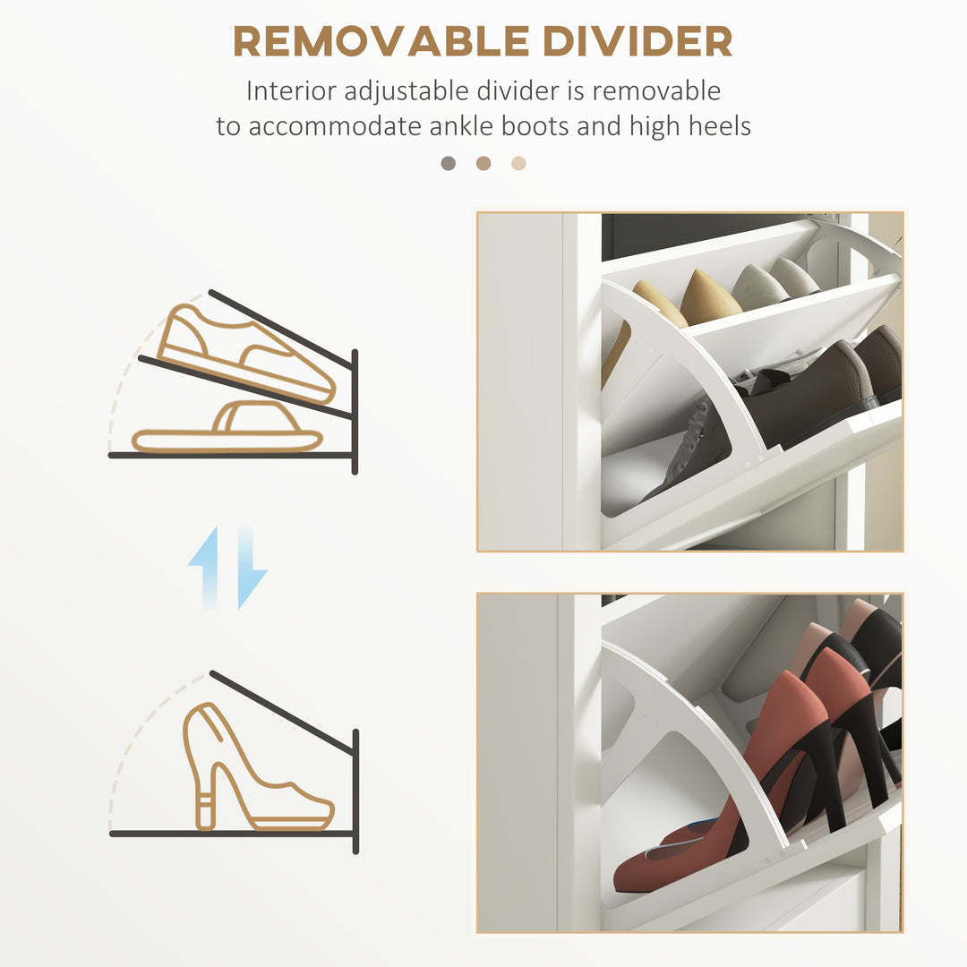 Modern Shoe Cabinet with 2 Flip Drawers and Adjustable Shelves, Narrow Shoe Storage Cabinet with Open Compartment, Holds 10 Pairs for Entryway, Hallway, White