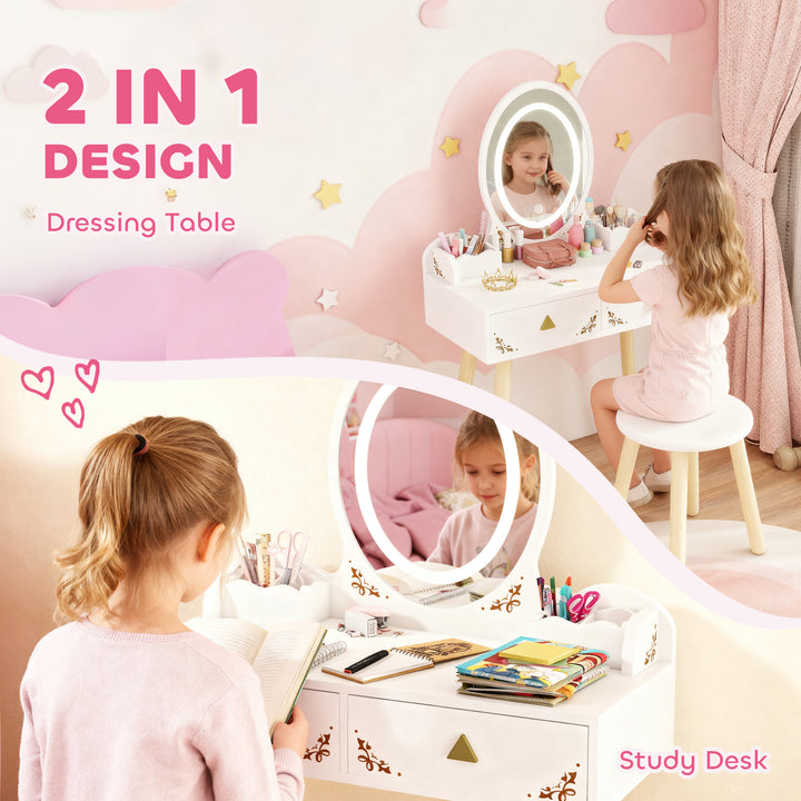 MCL Kids Vanity Table and Chair Set with 3-Colour LED Lights Mirror, Drawer, Storage Boxes, for 3+ Years, White