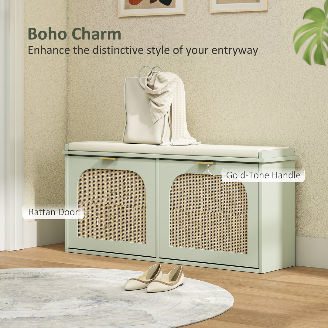 Boho Shoe Bench with Padded Seat and 2 Flip-Drawers - Light Green