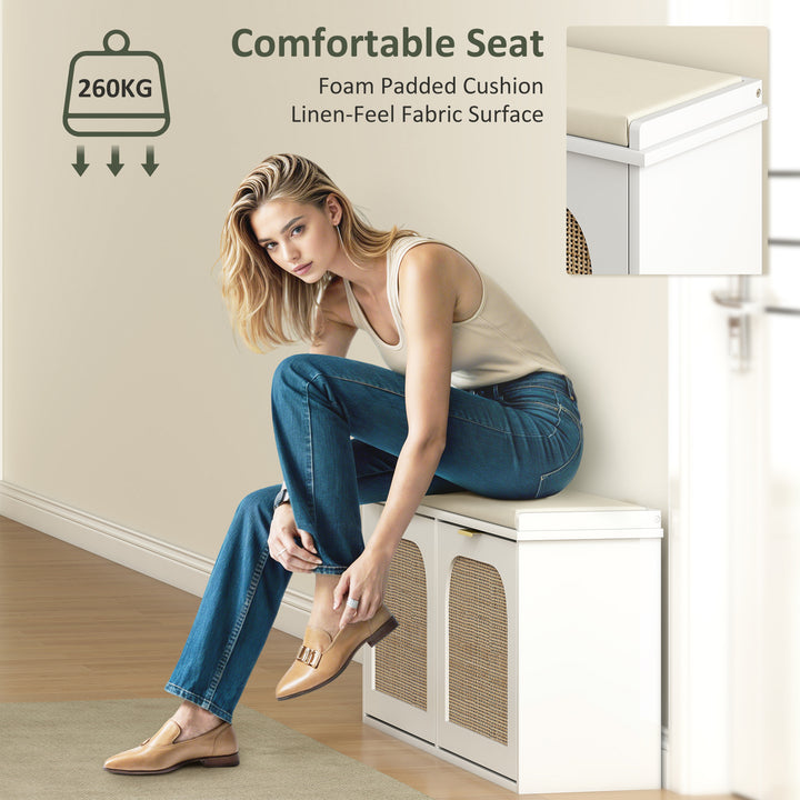 Boho Shoe Bench with Padded Seat and 2 Flip-Drawers - White