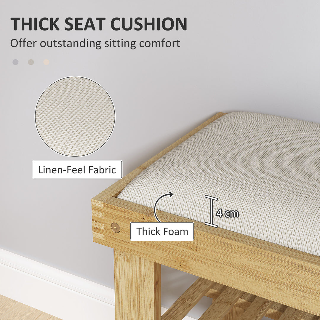 Bamboo Shoe Storage Bench, 3-Tier Shoe Bench with Seat Cushion, Shoe Rack for Entryway, Hallway, Living Room, Bedroom, Cream White