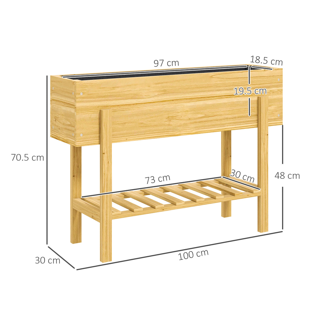 Wooden Raised Garden Bed, Elevated Planter Box with Bed Liner, Drainage Holes and Storage Shelf, Raised Planter for Vegetables, Flowers, Herbs, 100 x 30 x 71 cm, Natural Wood Finish