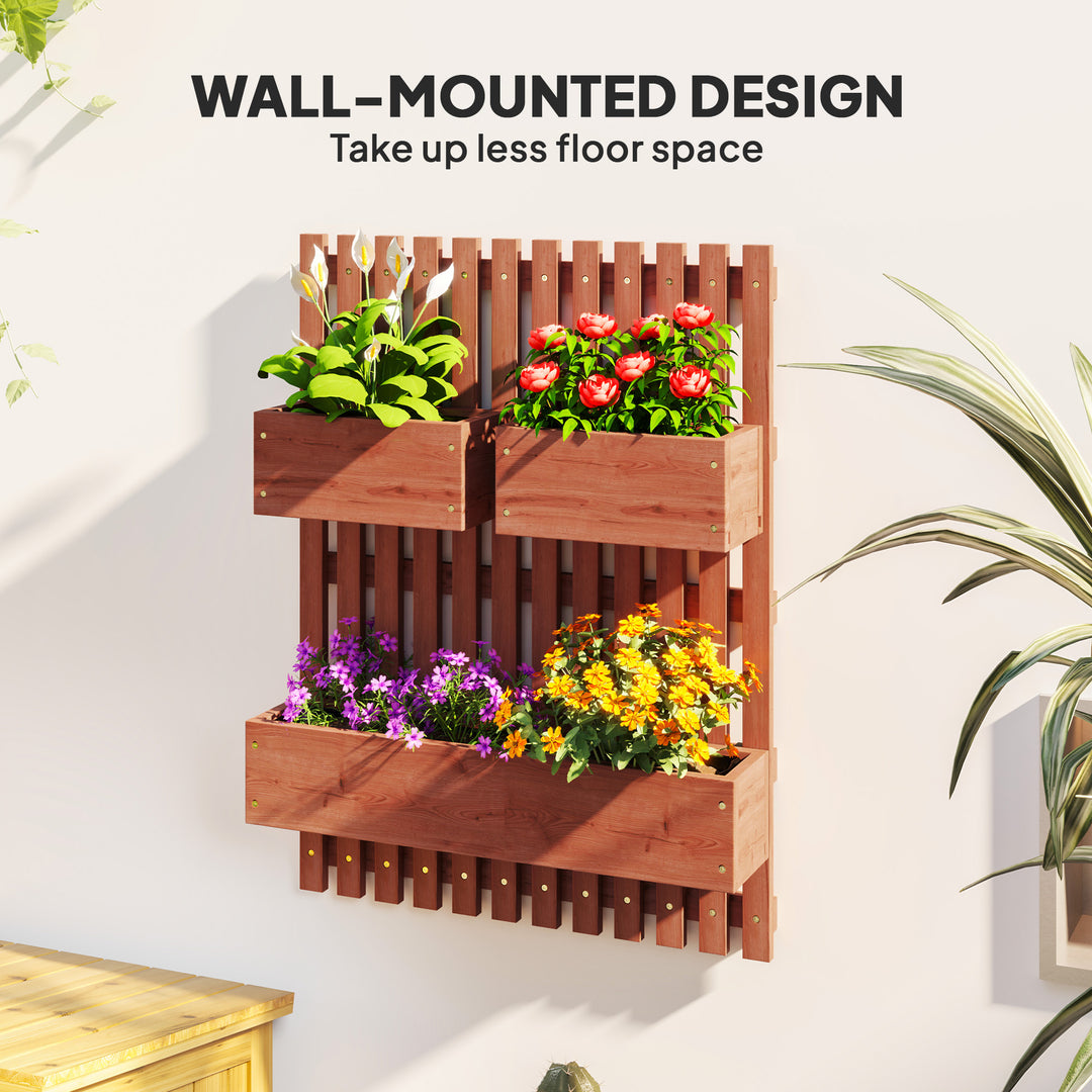 Wall-mounted Wooden Garden Planters with Trellis, Drainage Holes and 3 Planter Boxes for Patio, Brown