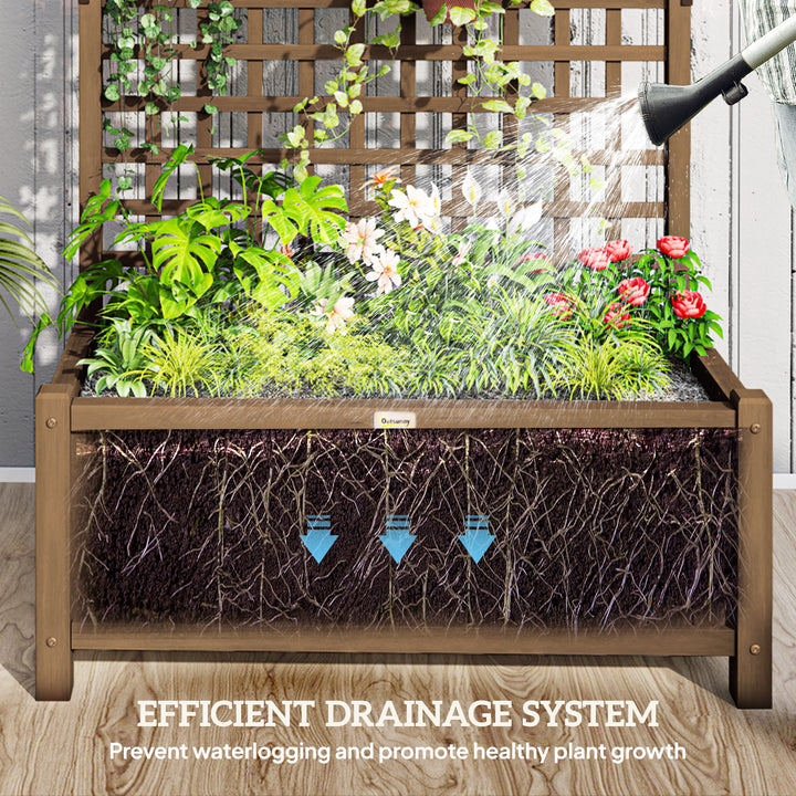 Raised Bed with Drainage Holes, Wood Planter with Trellis for Climbing Plants to Grow Vegetables, Flowers, Brown