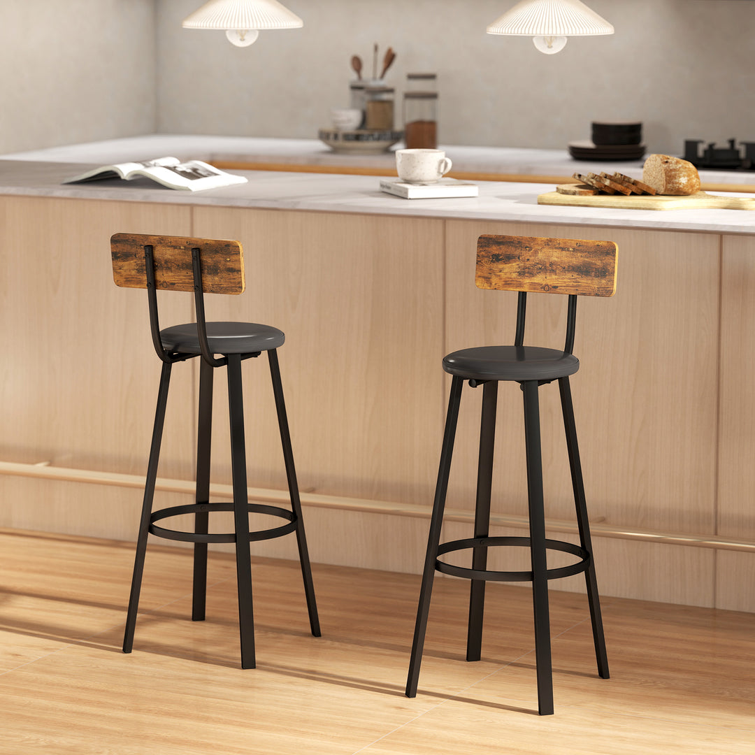 MCL Upholstered Bar Stools Set of 2 with Backrest and Footrest - Rustic Brown and Black