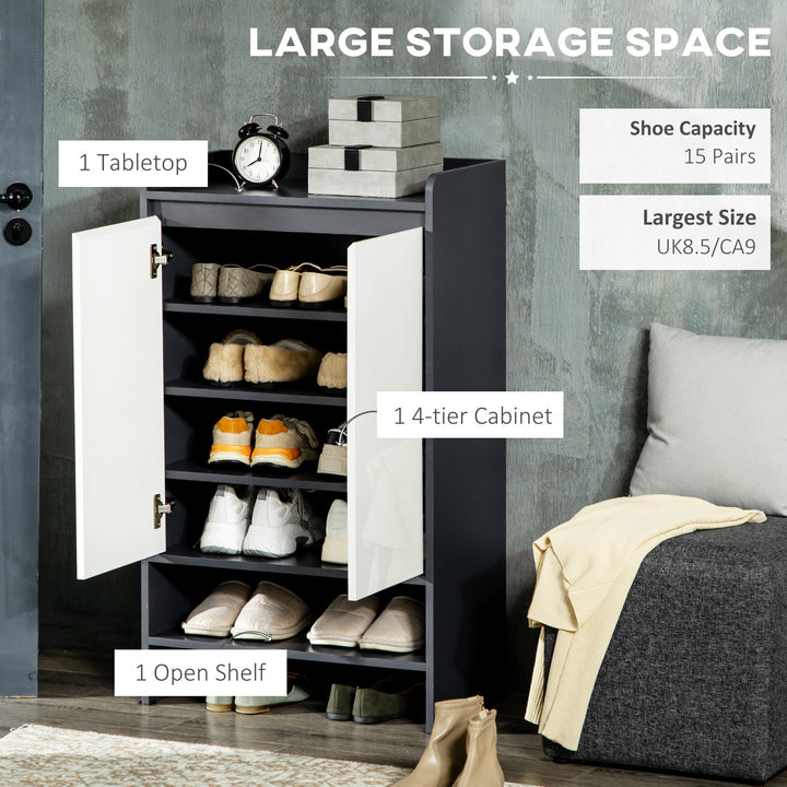 High Gloss Shoe Cabinet with White Doors and Open Shelves, Hallway Shoe Cupboard Storage Organiser for 15 Pairs of Shoes, Grey