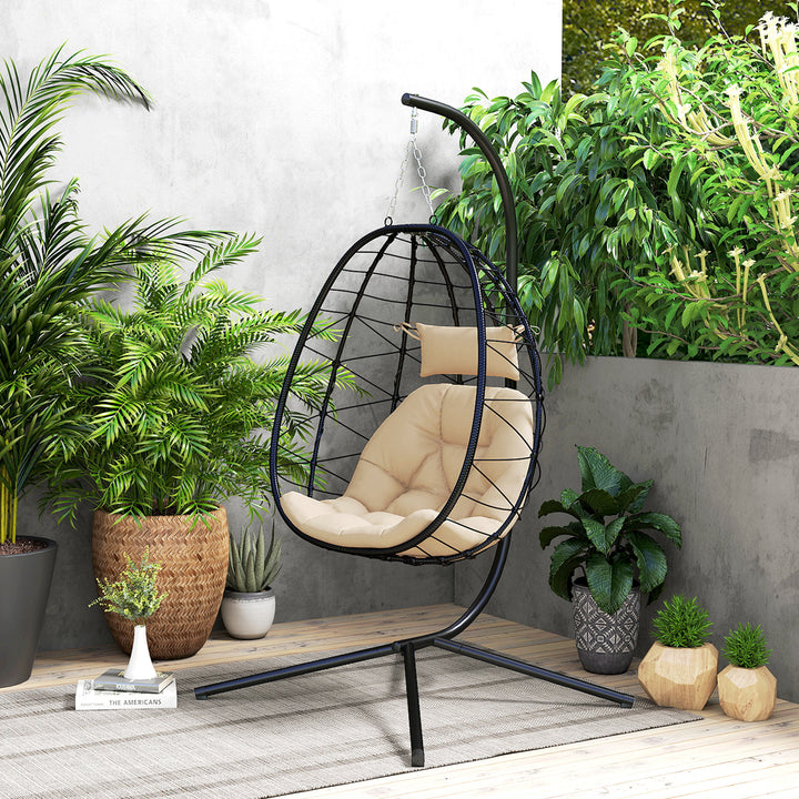 Hanging Egg Chair Outdoor Indoor Garden Swing Chair with Folding Basket, Thickened Cushion, Garden Hanging Chair with Stand, Headrest for Patio, Balcony, Khaki