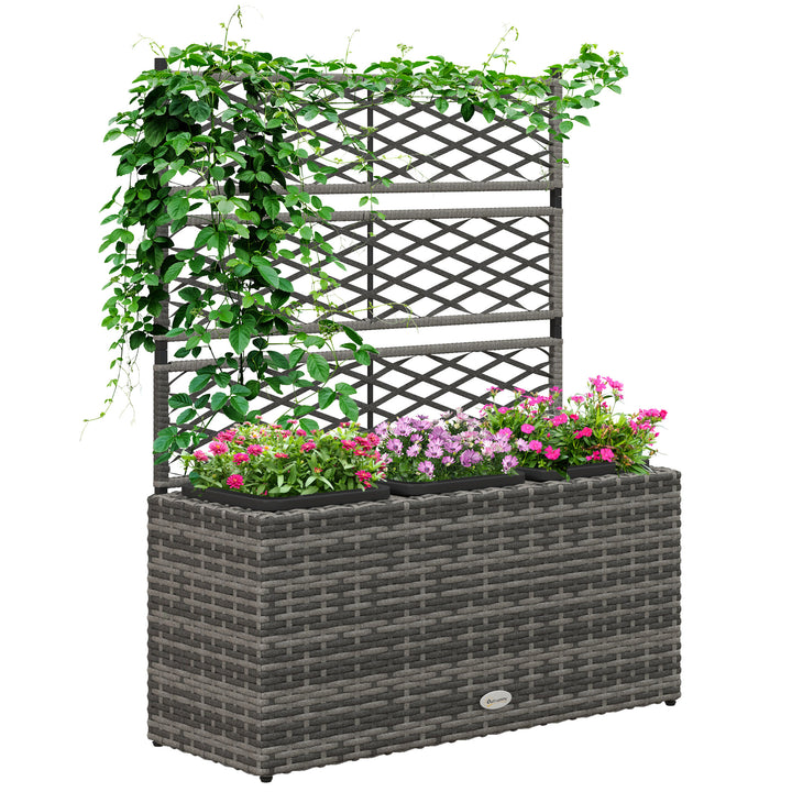 33L Garden PE Rattan Planter with Trellis, Free Standing Flower Raised Bed for Garden, Garden Planter for Climbing Plants, 84cm x 30cm x 107cm, Light Grey