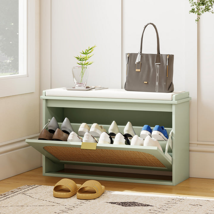 Boho Shoe Bench with Padded Seat and Flip-Drawer - Light Green